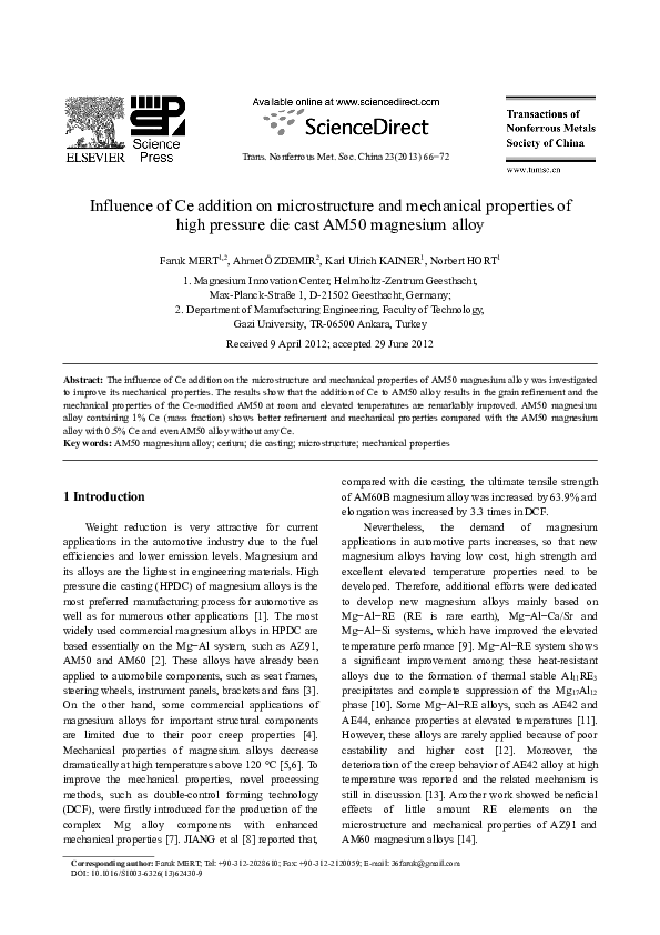 (PDF) Influence of Ce addition on microstructure and mechanical ...