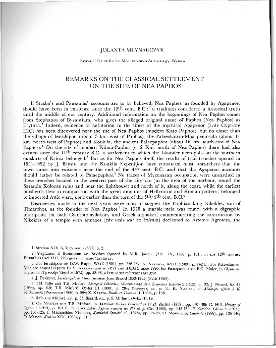 Remarks on the Classical Settlement on the site of Nea Paphos