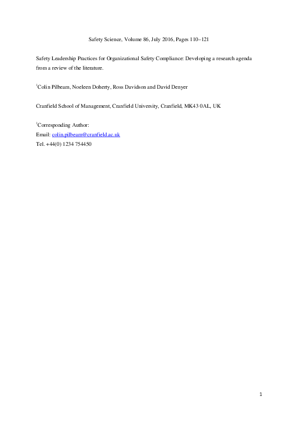 Pdf Safety Leadership Practices For Organizational Safety Compliance