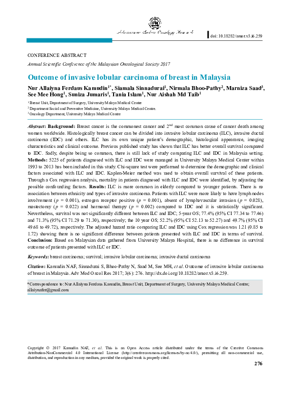 (PDF) Outcome of invasive lobular carcinoma of breast in Malaysia