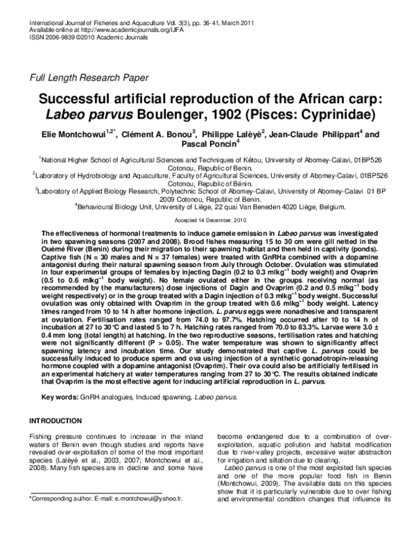 (PDF) Successful artificial reproduction of the African carp : Labeo ...