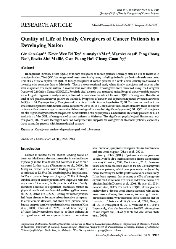 (PDF) Quality of Life of Family Caregivers of Cancer Patients in a ...
