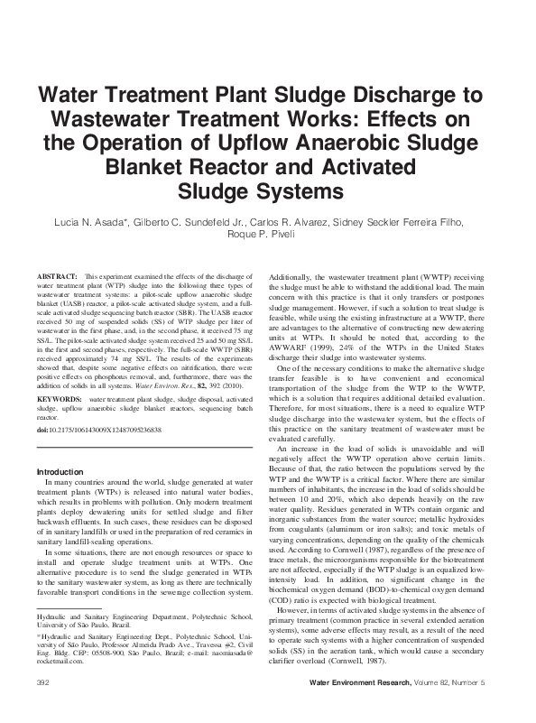 (PDF) Water Treatment Plant Sludge Discharge to Wastewater Treatment