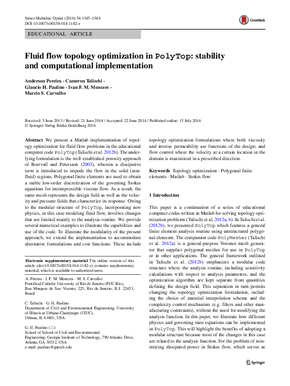 (PDF) Fluid flow topology optimization in PolyTop: stability and ...