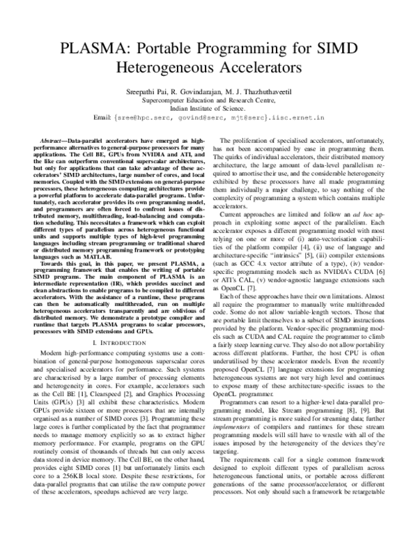 (PDF) PLASMA: portable programming for simd heterogeneous accelerators