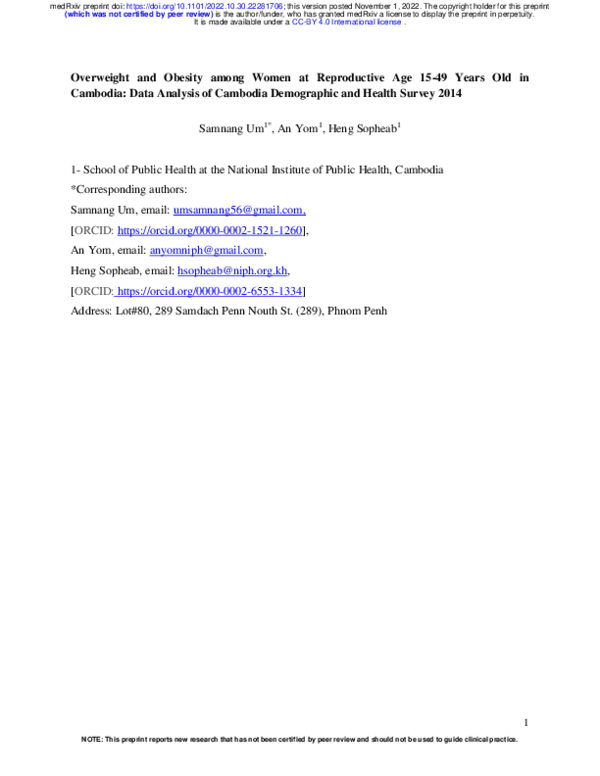 (PDF) Overweight and Obesity among Women at Reproductive Age in ...