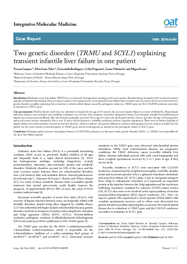 (PDF) Two genetic disorders (TRMU and SCYL1) explaining transient ...
