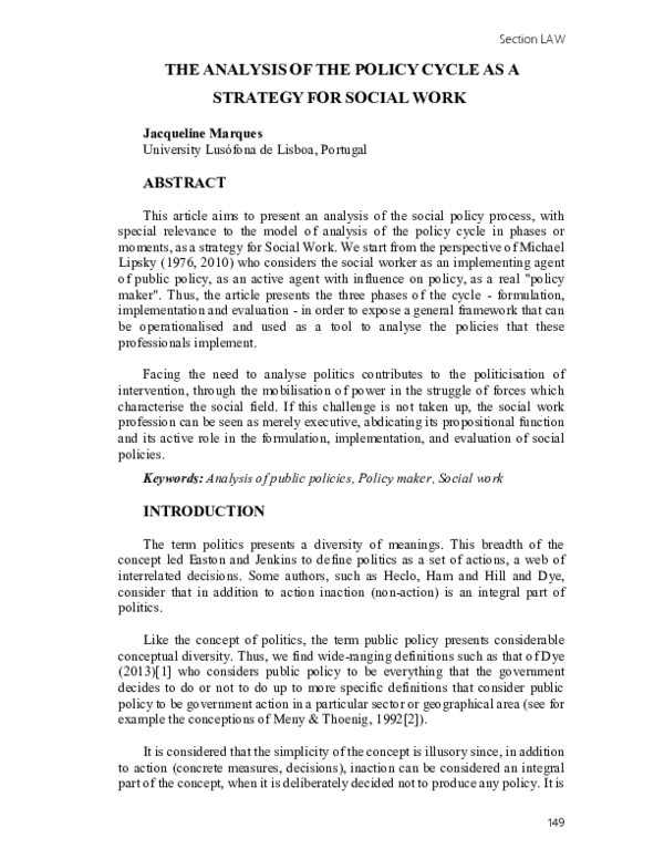 (PDF) The Analysis of the Policy Cycle as a Strategy for Social Work