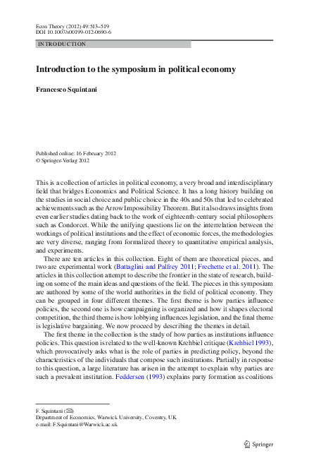 (PDF) Introduction to the symposium in political economy
