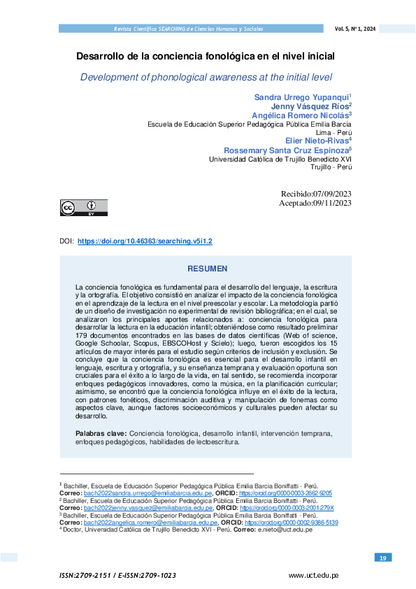 (PDF) Desarrollo de la conciencia fonológica en el nivel inicial