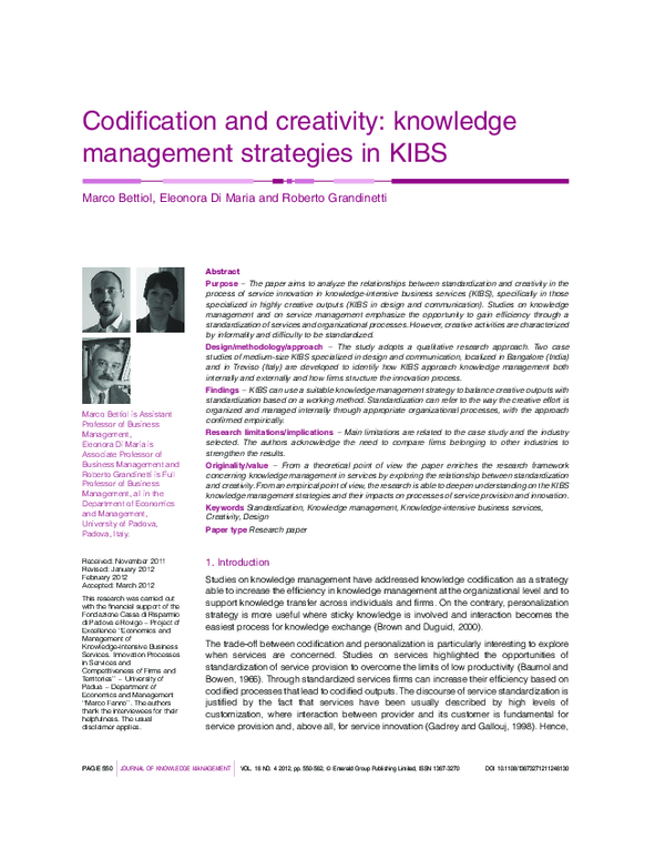 (PDF) Codification and creativity: knowledge management strategies in KIBS