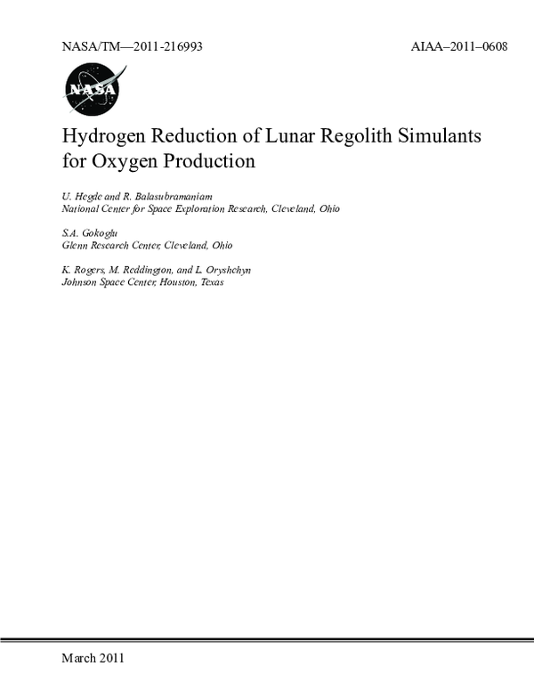 (PDF) Hydrogen Reduction of Lunar Regolith Simulants for Oxygen Production