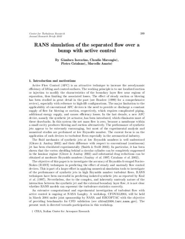 (PDF) RANS Simulation of the Separated Flow over a Bump with Active Control