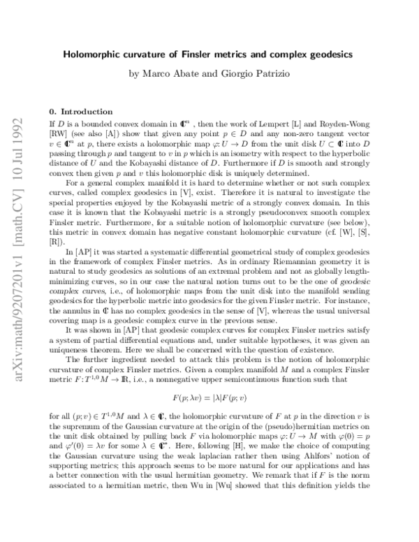 (PDF) Holomorphic curvature of Finsler metrics and complex geodesics