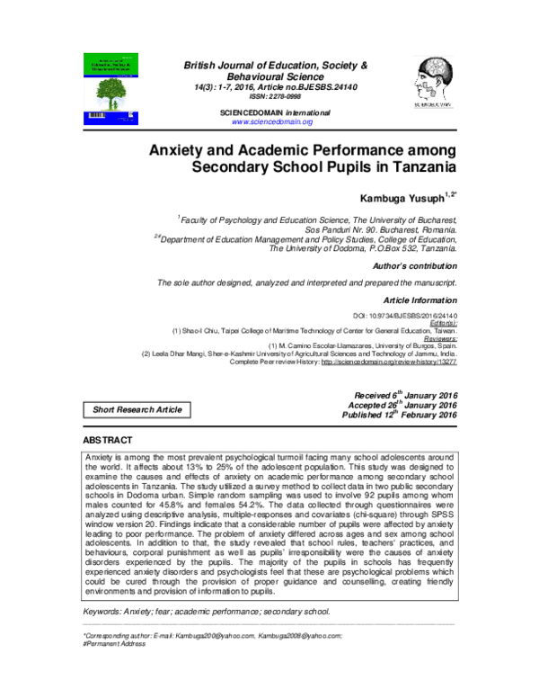 (PDF) Anxiety and Academic Performance among Secondary School Pupils in ...