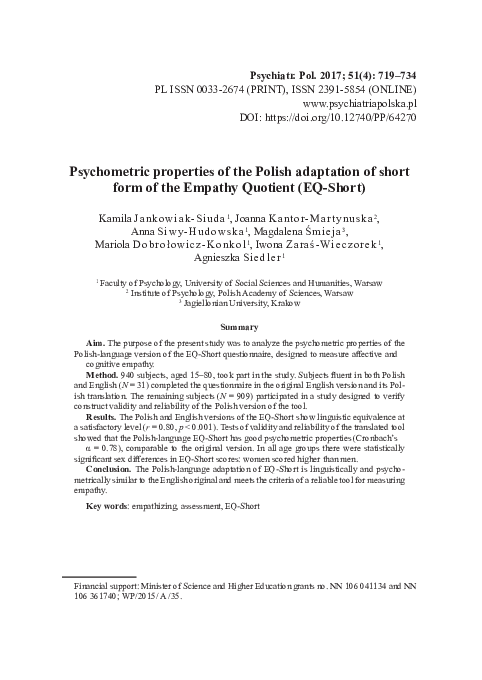 (PDF) Psychometric properties of the Polish adaptation of short form of ...