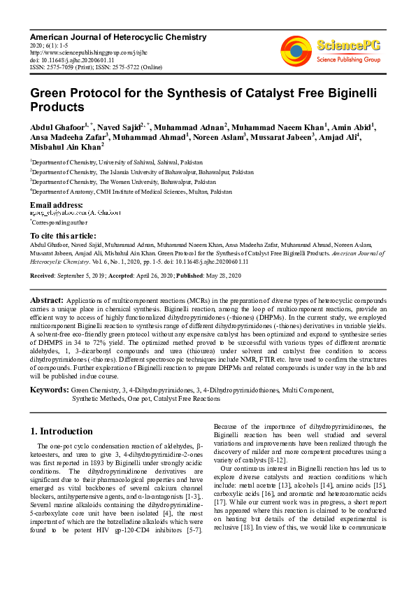 (PDF) Green Protocol for the Synthesis of Catalyst Free Biginelli Products