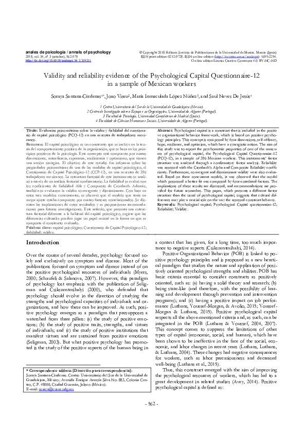 (PDF) Validity and reliability evidence of the Psychological Capital ...