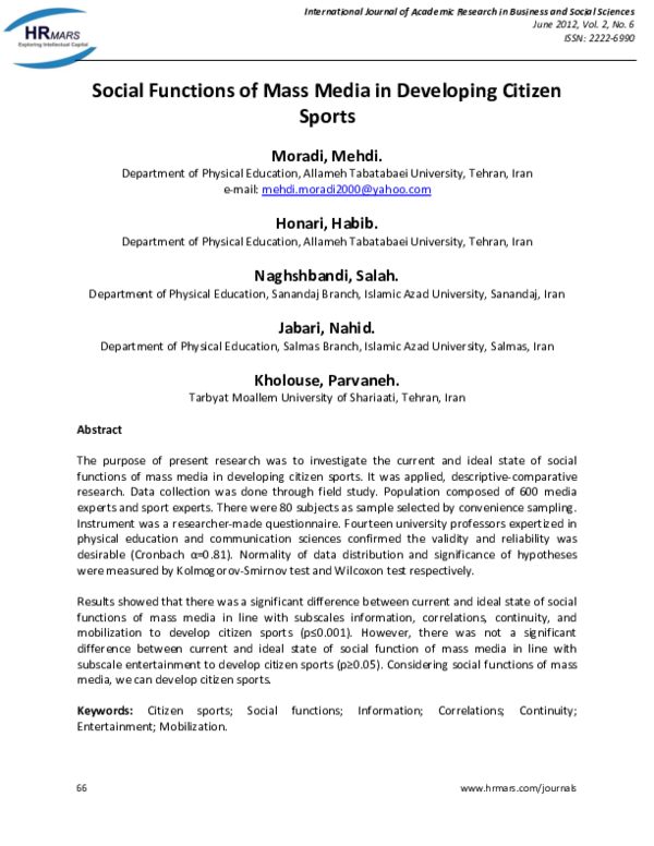 (PDF) Social Functions of Mass Media in Developing Citizen Sports
