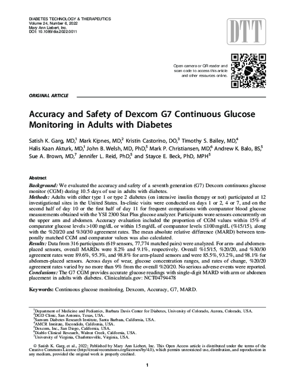 (PDF) Accuracy and Safety of Dexcom G7 Continuous Glucose Monitoring in ...