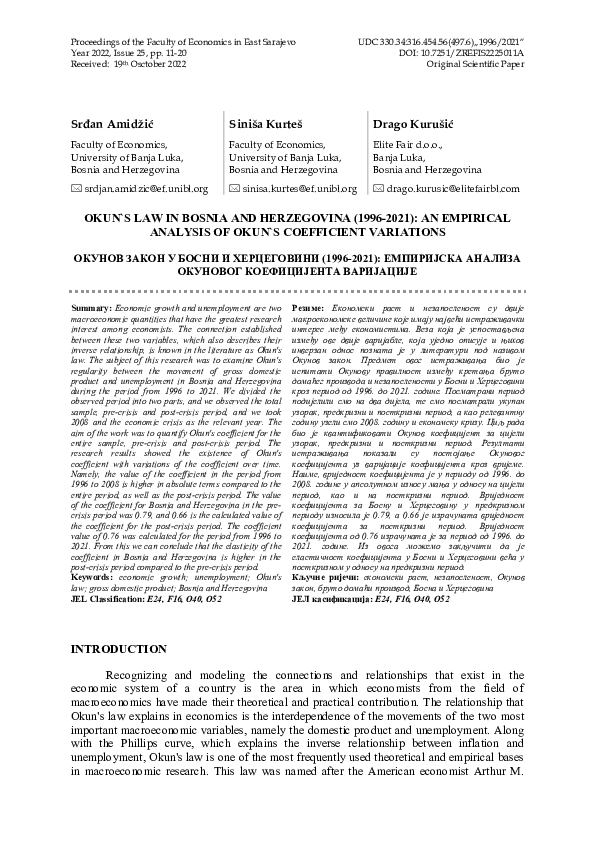 (PDF) Okun`s Law in Bosnia and Herzegovina (1996-2021): An Empirical ...