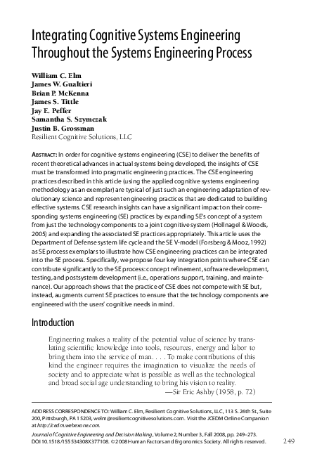 (PDF) Integrating Cognitive Systems Engineering Throughout the Systems ...