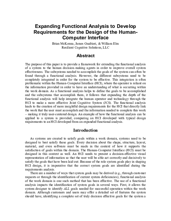 (PDF) Expanding Functional Analysis to Develop Requirements for the ...