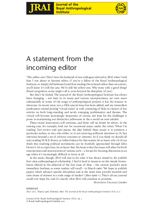 (PDF) A statement from the incoming editor