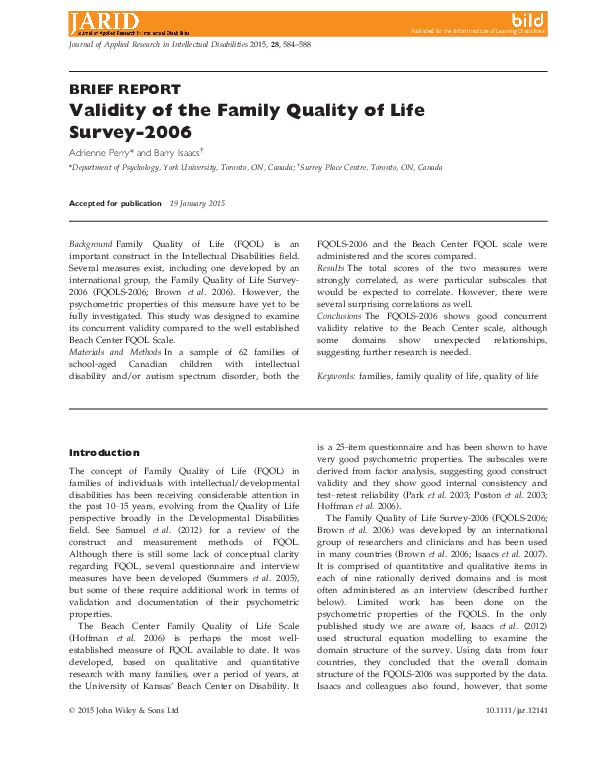 (PDF) Validity of the Family Quality of Life Survey-2006