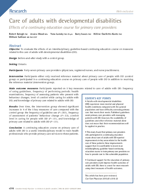 (PDF) Care of adults with developmental disabilities