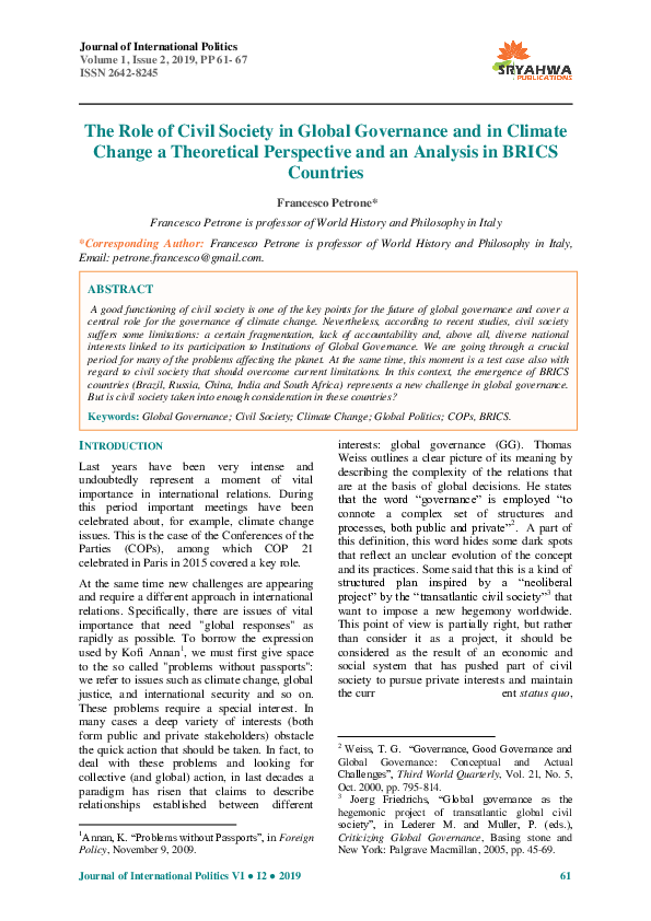 (PDF) The Role of Civil Society in Global Governance and in Climate ...
