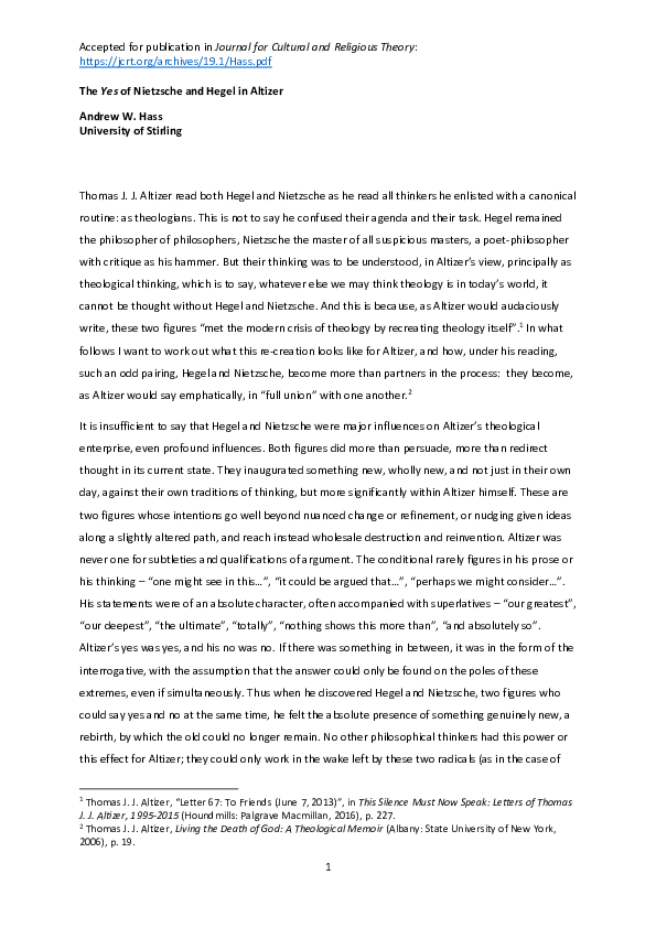 (PDF) The Yes of Nietzsche and Hegel in Altizer