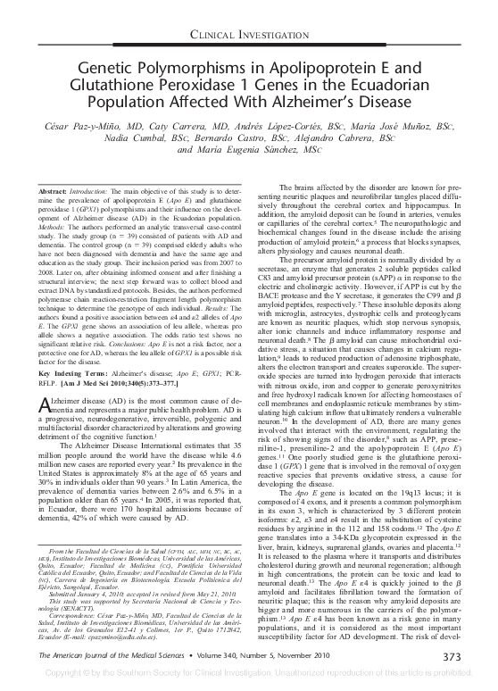 (PDF) Genetic Polymorphisms in Apolipoprotein E and Glutathione ...