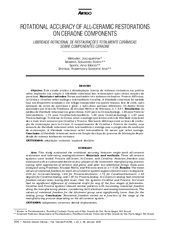 (PDF) Rotational accuracy of all-ceramic restorations on CeraOne components