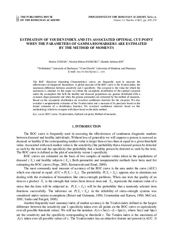 (PDF) Estimation of Youden Index and Its Associated Optimal Cut-Point ...