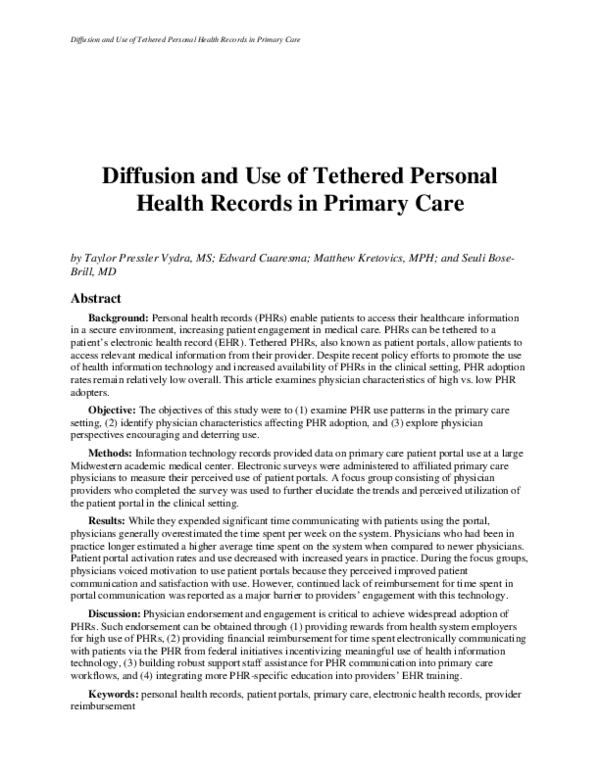 (PDF) Diffusion and Use of Tethered Personal Health Records in Primary Care