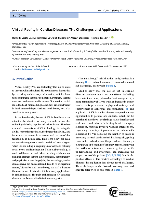 (PDF) Virtual Reality in Cardiac Diseases: The Challenges and Applications