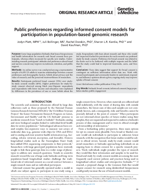 Pdf Public Preferences Regarding Informed Consent Models For