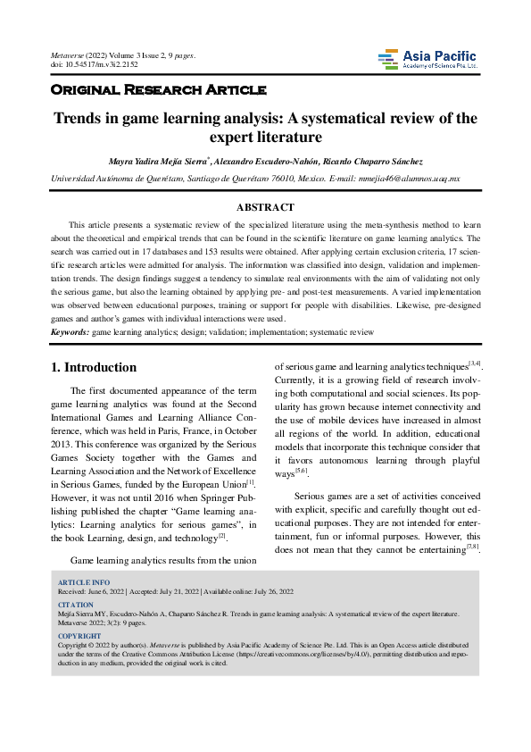 (PDF) Trends in game learning analysis: A systematical review of the ...