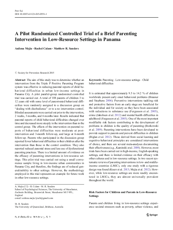 (PDF) A Pilot Randomized Controlled Trial of a Brief Parenting ...