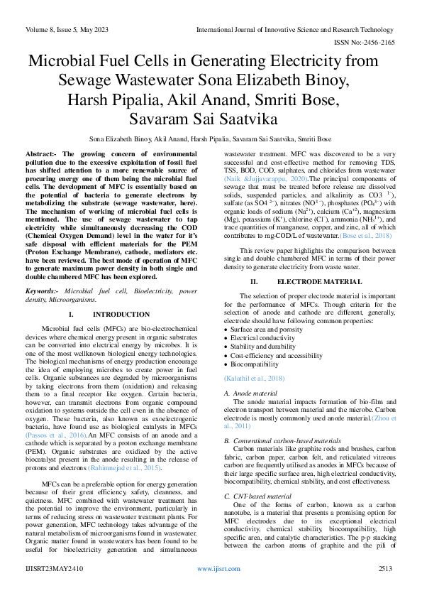 (PDF) Microbial Fuel Cells in Generating Electricity from Sewage ...