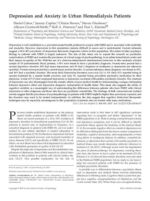 (PDF) Depression and Anxiety in Urban Hemodialysis Patients