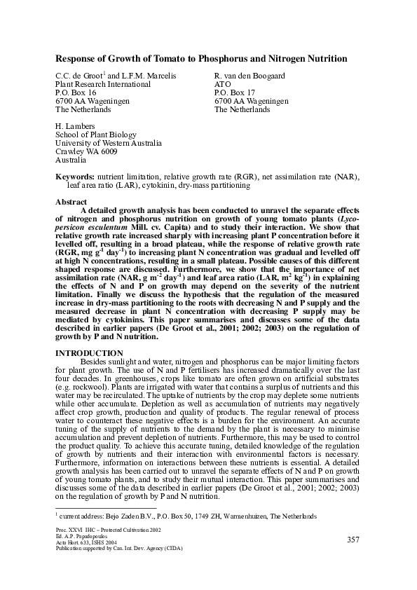 (PDF) Response of Growth of Tomato to Phosphorus and Nitrogen Nutrition