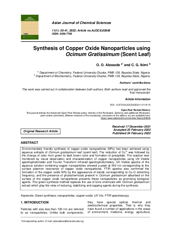 (PDF) Synthesis of Copper Oxide Nanoparticles using Ocimum Gratissimum ...