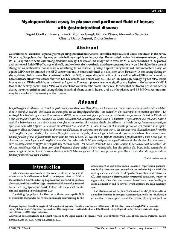 (PDF) Myeloperoxidase assay in plasma and peritoneal fluid of horses ...