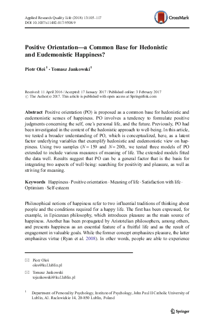 (PDF) Positive Orientation—a Common Base for Hedonistic and ...