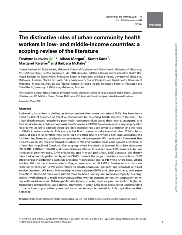 (PDF) The distinctive roles of urban community health workers in low ...