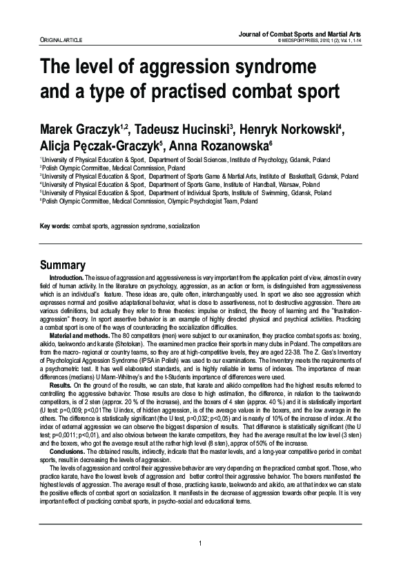 (PDF) The level of aggression syndrome and a type of practised combat sport