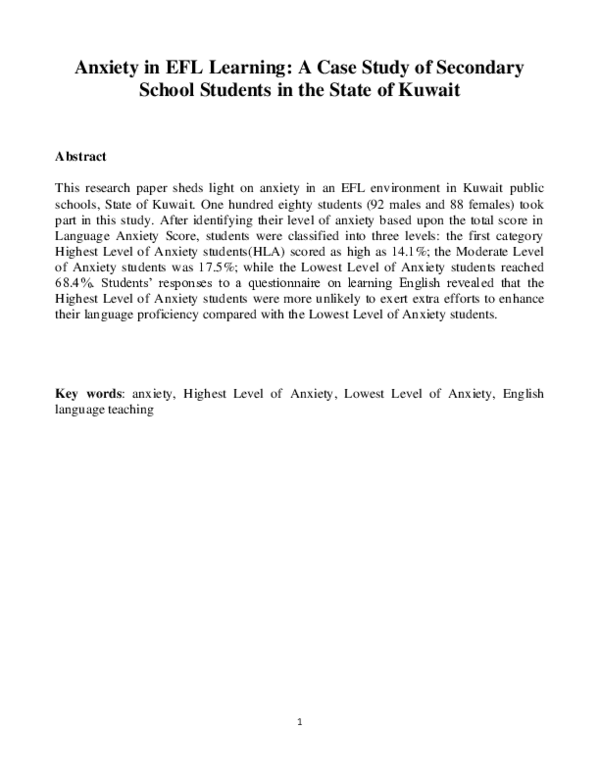 (PDF) Anxiety in EFL Kuwait: A Case Study of Secondary School Students