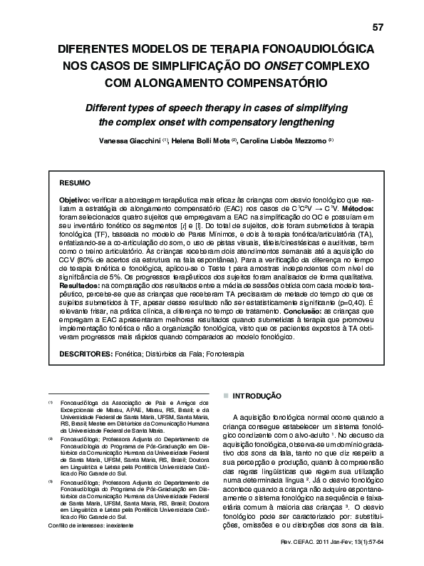 (PDF) DIFERENTES MODELOS DE TERAPIA FONOAUDIOLÓGICA NOS CASOS DE ...